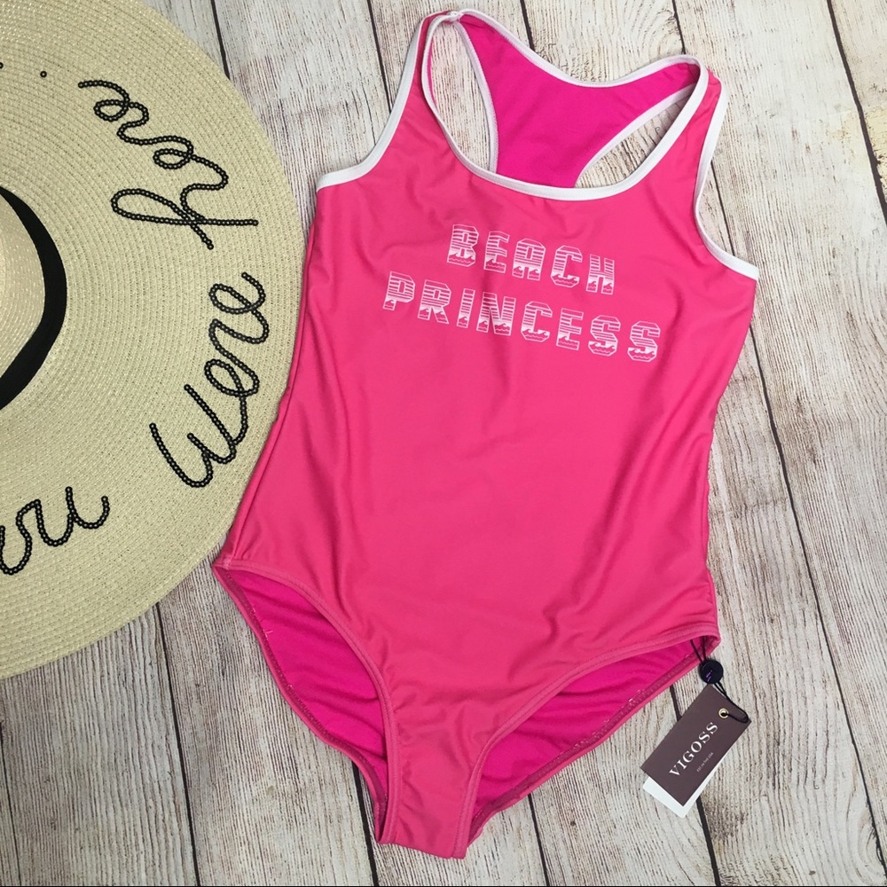 Vigoss Girls Pink Beach Princess 1 Pc Swimsuit Size 14